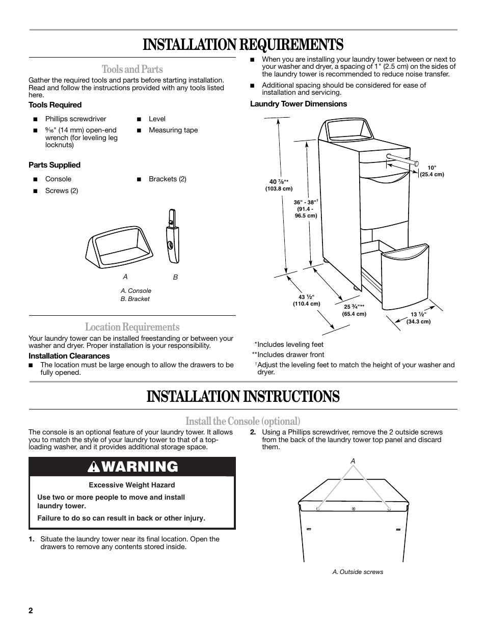 Installation requirements, Installation instructions, Warning | Tools and parts, Location requirements, Install the console (optional) | Whirlpool Laundry Tower User Manual | Page 2 / 12