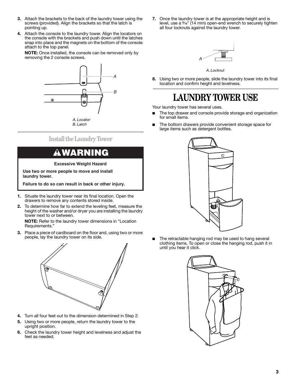Laundry tower use, Warning, Install the laundry tower | Whirlpool Laundry Tower User Manual | Page 3 / 12
