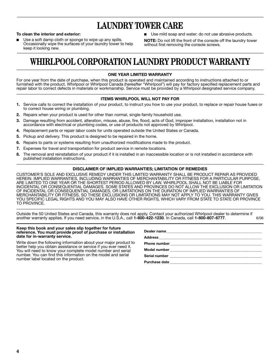 Laundry tower care, Whirlpool corporation laundry product warranty | Whirlpool Laundry Tower User Manual | Page 4 / 12