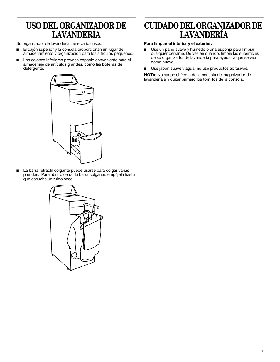 Uso del organizador de lavandería, Cuidado del organizador de lavandería | Whirlpool Laundry Tower User Manual | Page 7 / 12
