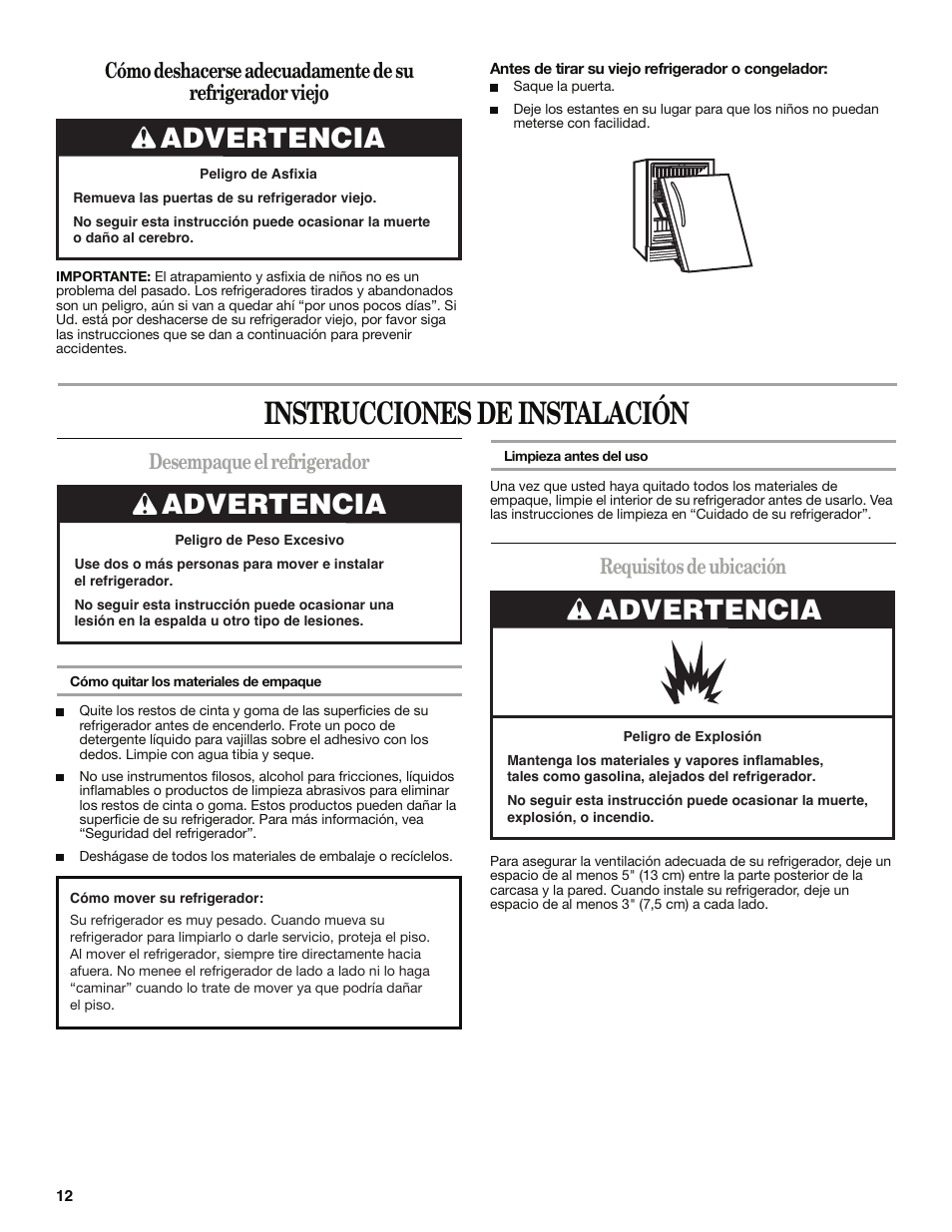 Instrucciones de instalación, Advertencia, Desempaque el refrigerador | Requisitos de ubicación | Whirlpool WAR349BSL User Manual | Page 12 / 28