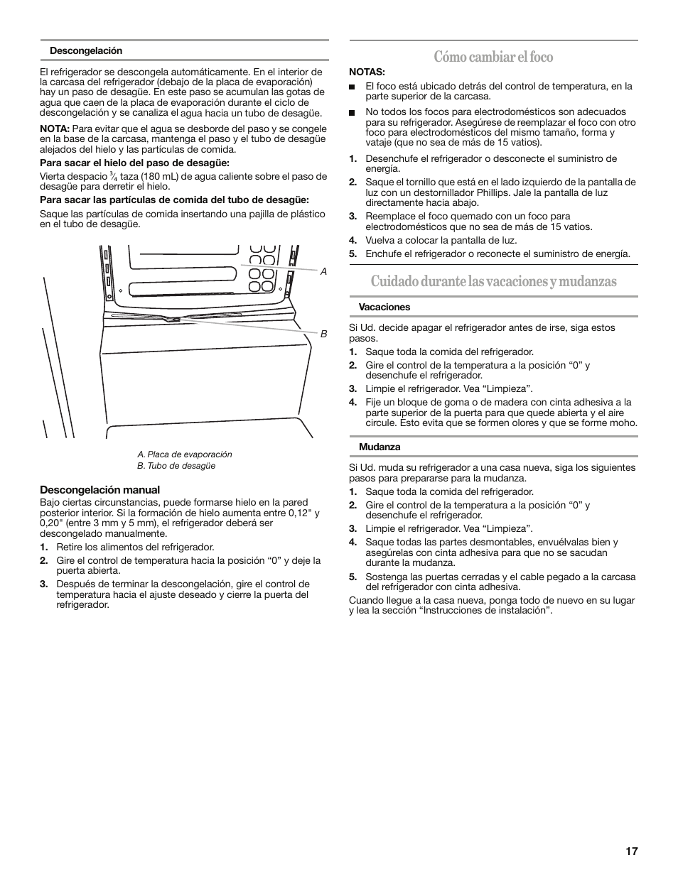 Cómo cambiar el foco, Cuidado durante las vacaciones y mudanzas | Whirlpool WAR349BSL User Manual | Page 17 / 28