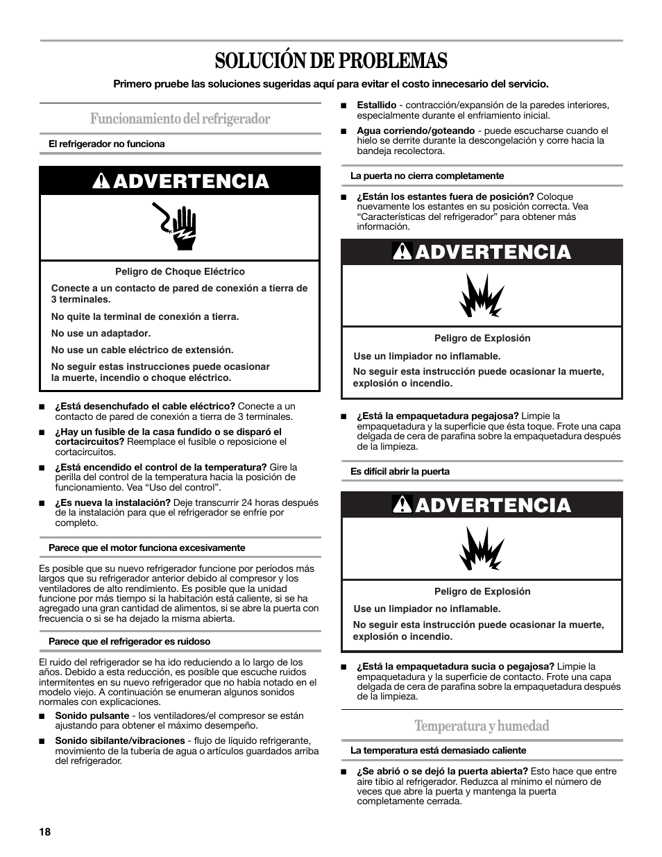 Solución de problemas, Advertencia, Funcionamiento del refrigerador | Temperatura y humedad | Whirlpool WAR349BSL User Manual | Page 18 / 28