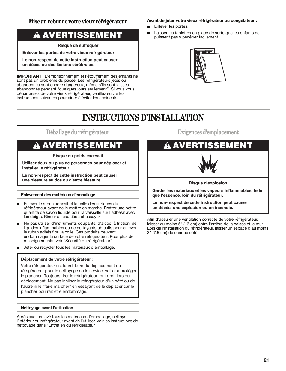 Instructions d’installation, Avertissement, Déballage du réfrigérateur | Exigences d'emplacement, Mise au rebut de votre vieux réfrigérateur | Whirlpool WAR349BSL User Manual | Page 21 / 28