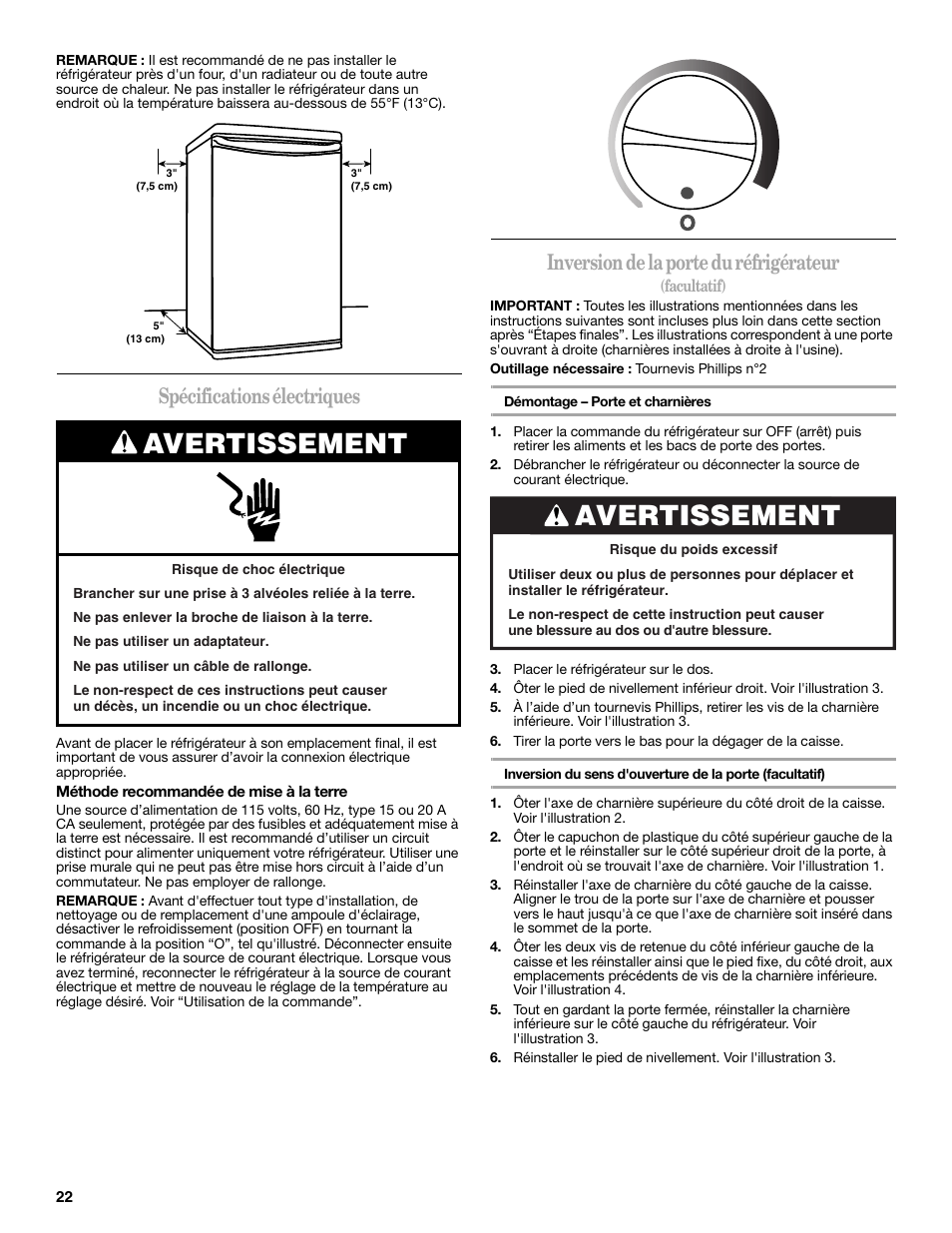 Avertissement, Spécifications électriques, Inversion de la porte du réfrigérateur | Whirlpool WAR349BSL User Manual | Page 22 / 28