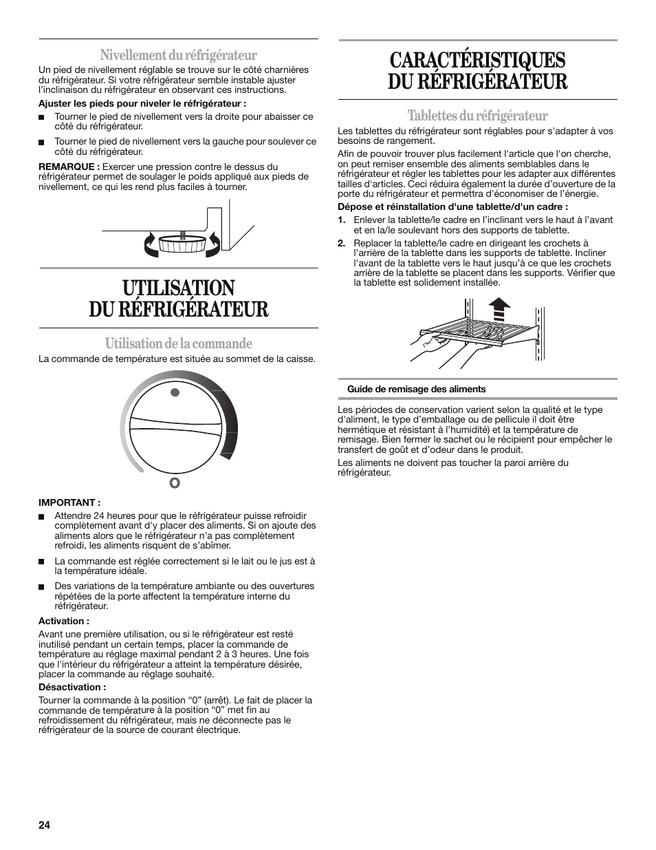 Utilisation du réfrigérateur, Caractéristiques du réfrigérateur, Nivellement du réfrigérateur | Utilisation de la commande, Tablettes du réfrigérateur | Whirlpool WAR349BSL User Manual | Page 24 / 28