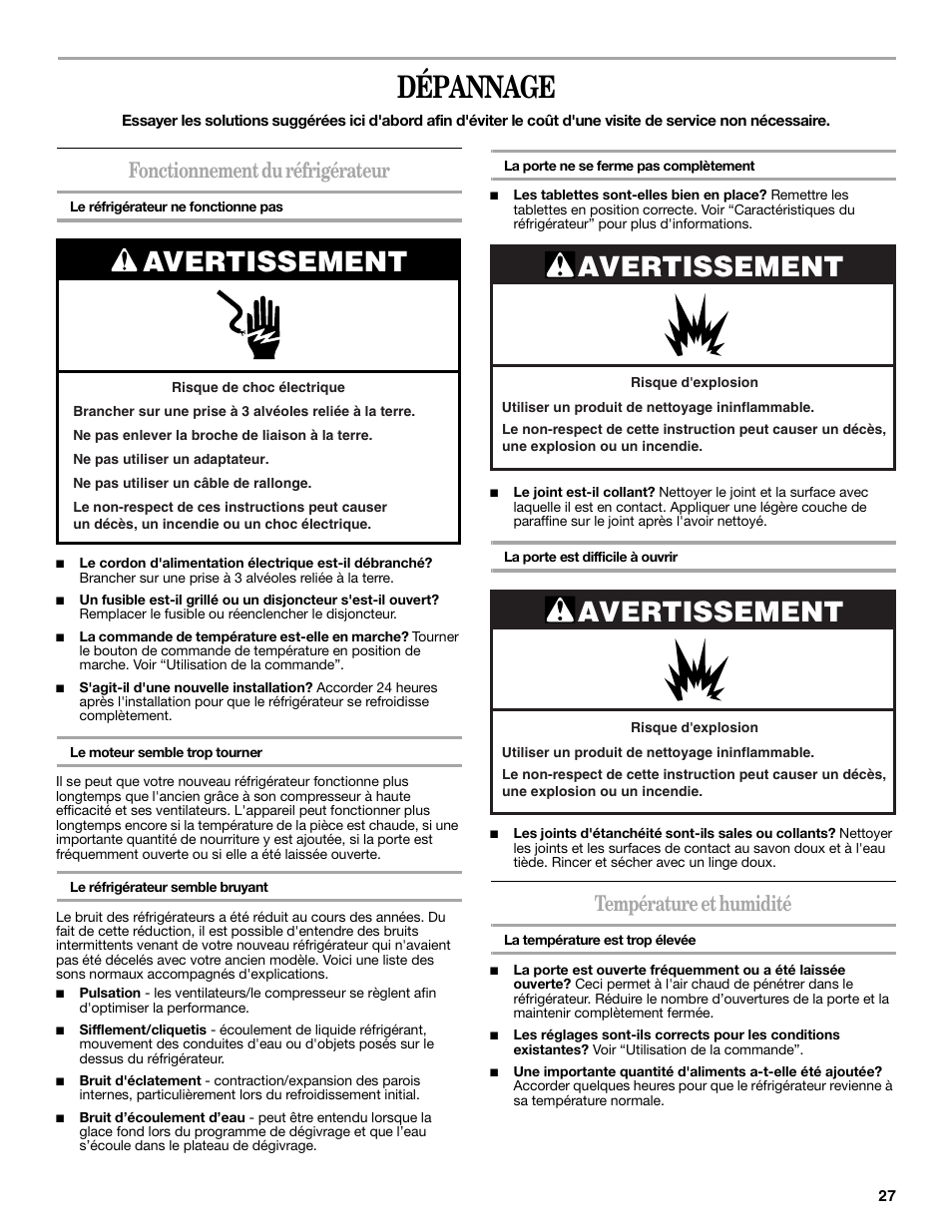 Dépannage, Avertissement, Fonctionnement du réfrigérateur | Température et humidité | Whirlpool WAR349BSL User Manual | Page 27 / 28