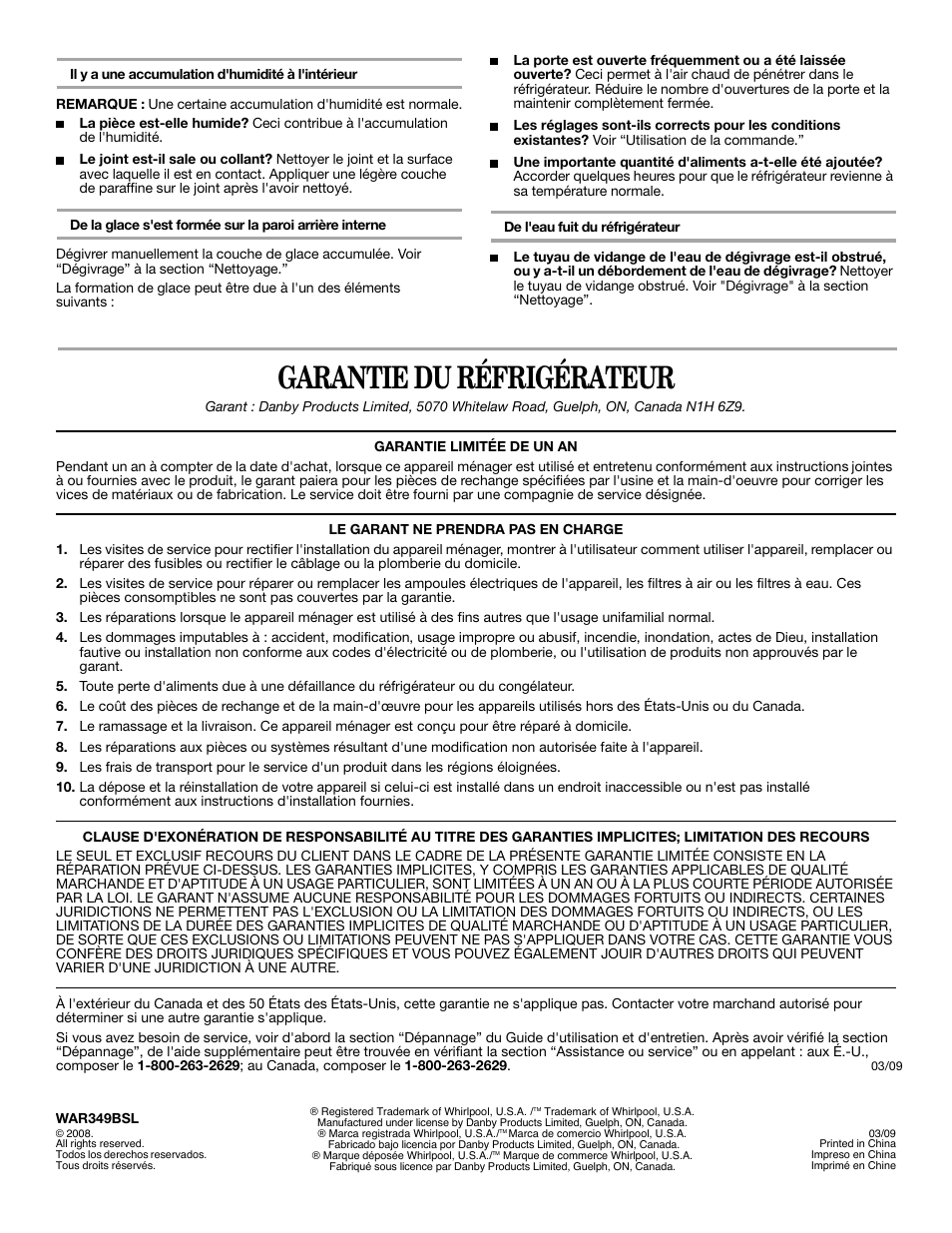 Garantie du réfrigérateur | Whirlpool WAR349BSL User Manual | Page 28 / 28