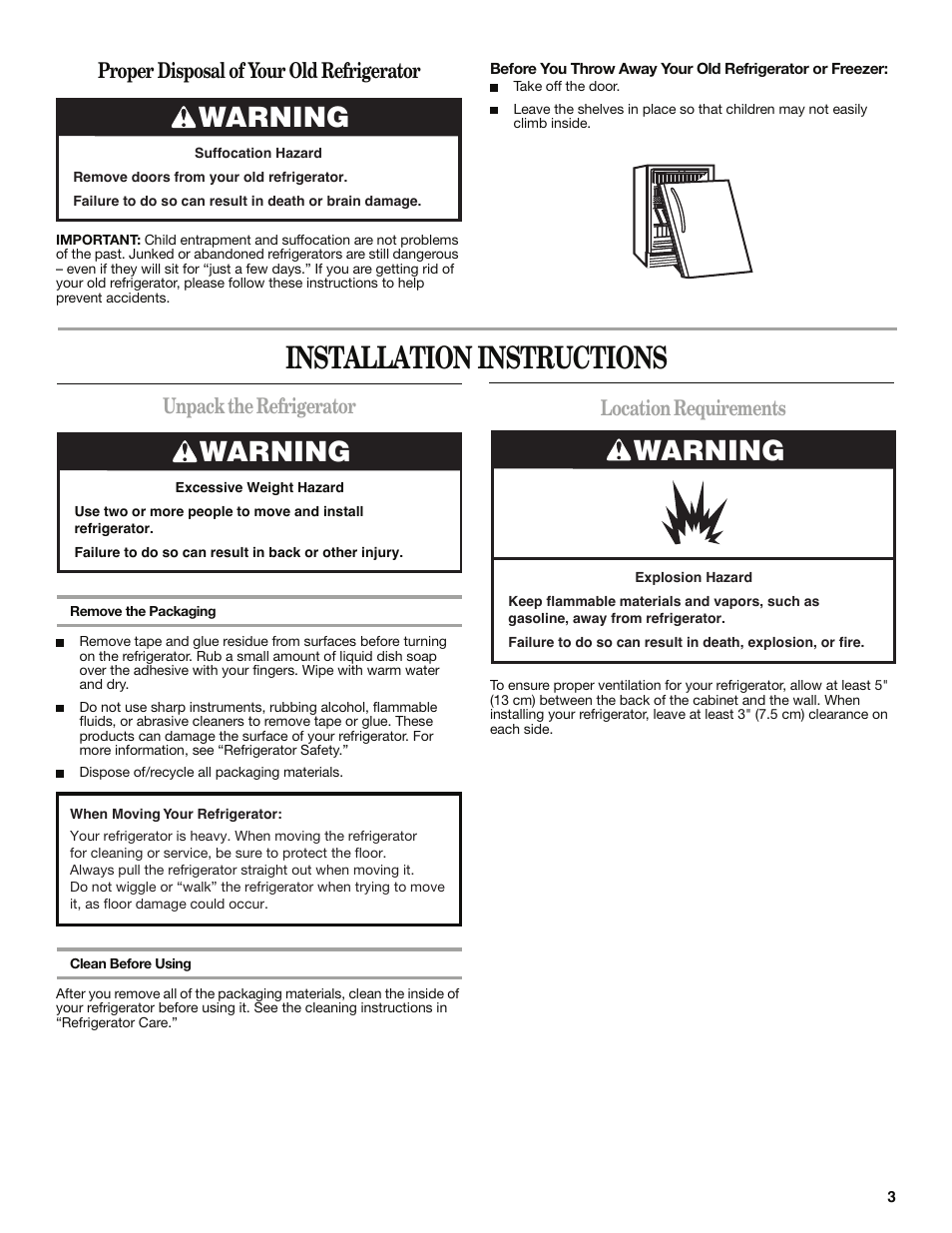 Installation instructions, Warning, Unpack the refrigerator | Location requirements, Proper disposal of your old refrigerator | Whirlpool WAR349BSL User Manual | Page 3 / 28