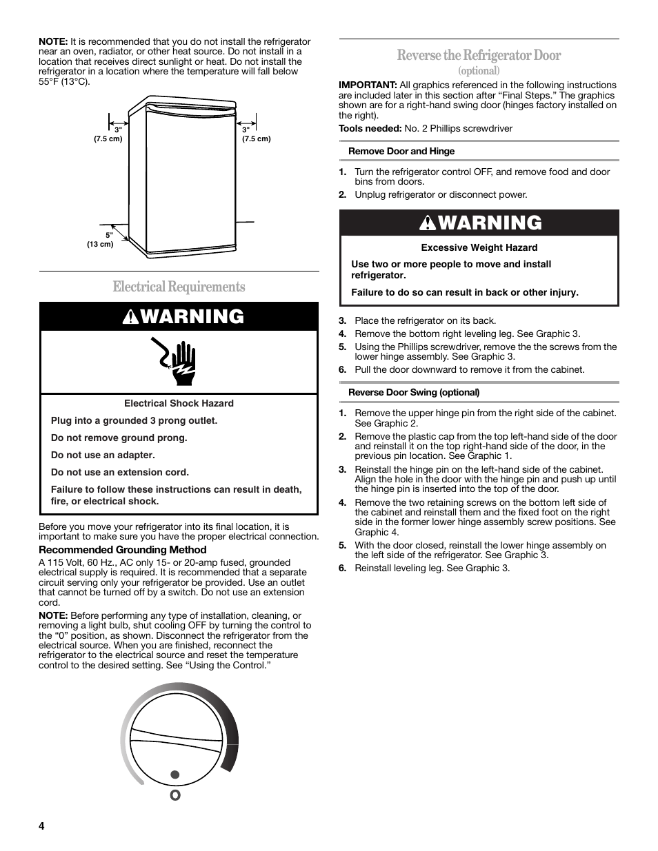 Warning, Electrical requirements, Reverse the refrigerator door | Whirlpool WAR349BSL User Manual | Page 4 / 28