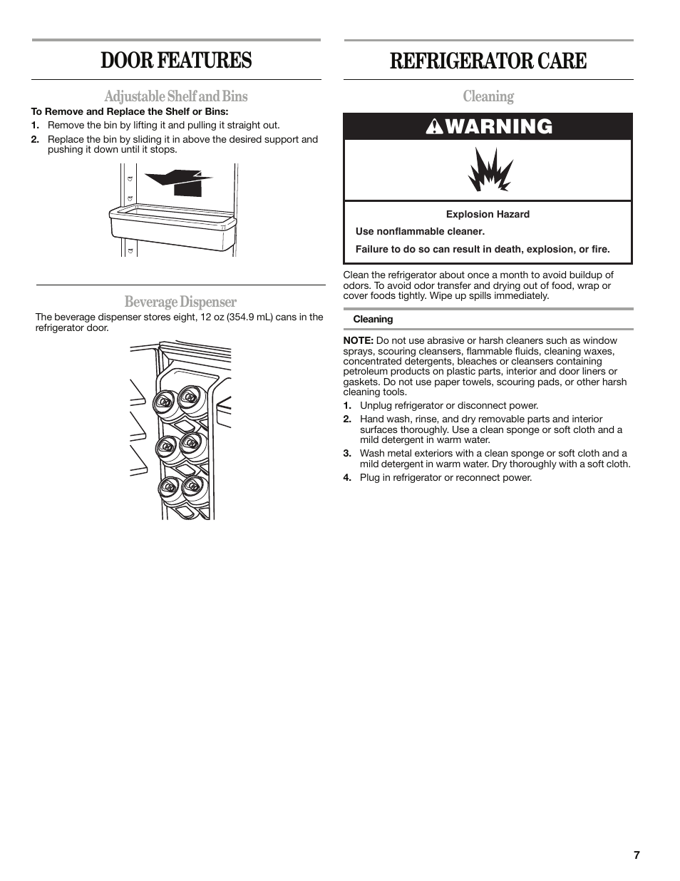 Refrigerator care, Door features, Warning | Beverage dispenser, Cleaning, Adjustable shelf and bins | Whirlpool WAR349BSL User Manual | Page 7 / 28