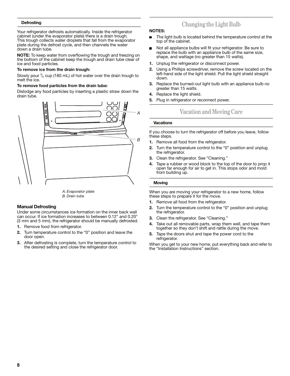 Changing the light bulb, Vacation and moving care | Whirlpool WAR349BSL User Manual | Page 8 / 28