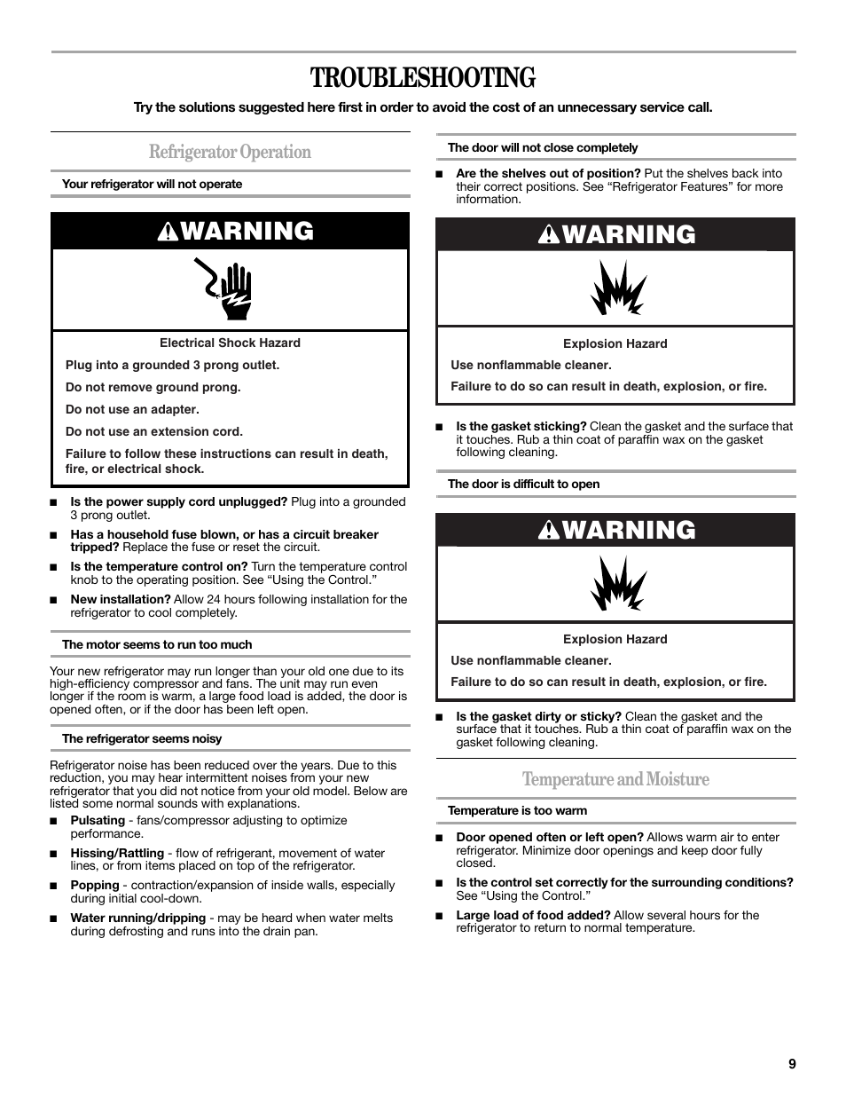 Troubleshooting, Warning, Refrigerator operation | Temperature and moisture | Whirlpool WAR349BSL User Manual | Page 9 / 28