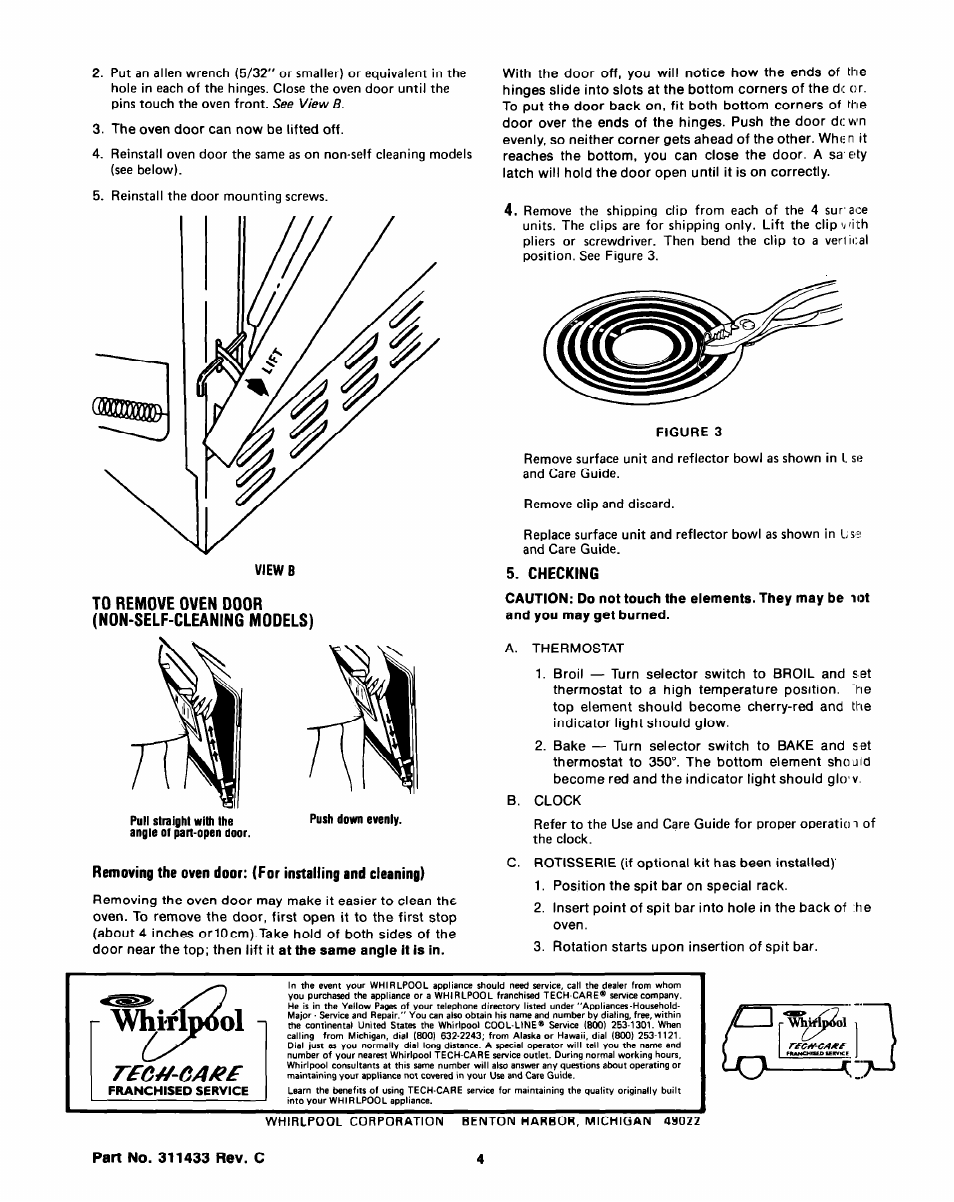 To remove oven door (non-self-cleaning models), Checking | Whirlpool 311433 REV. C User Manual | Page 4 / 4