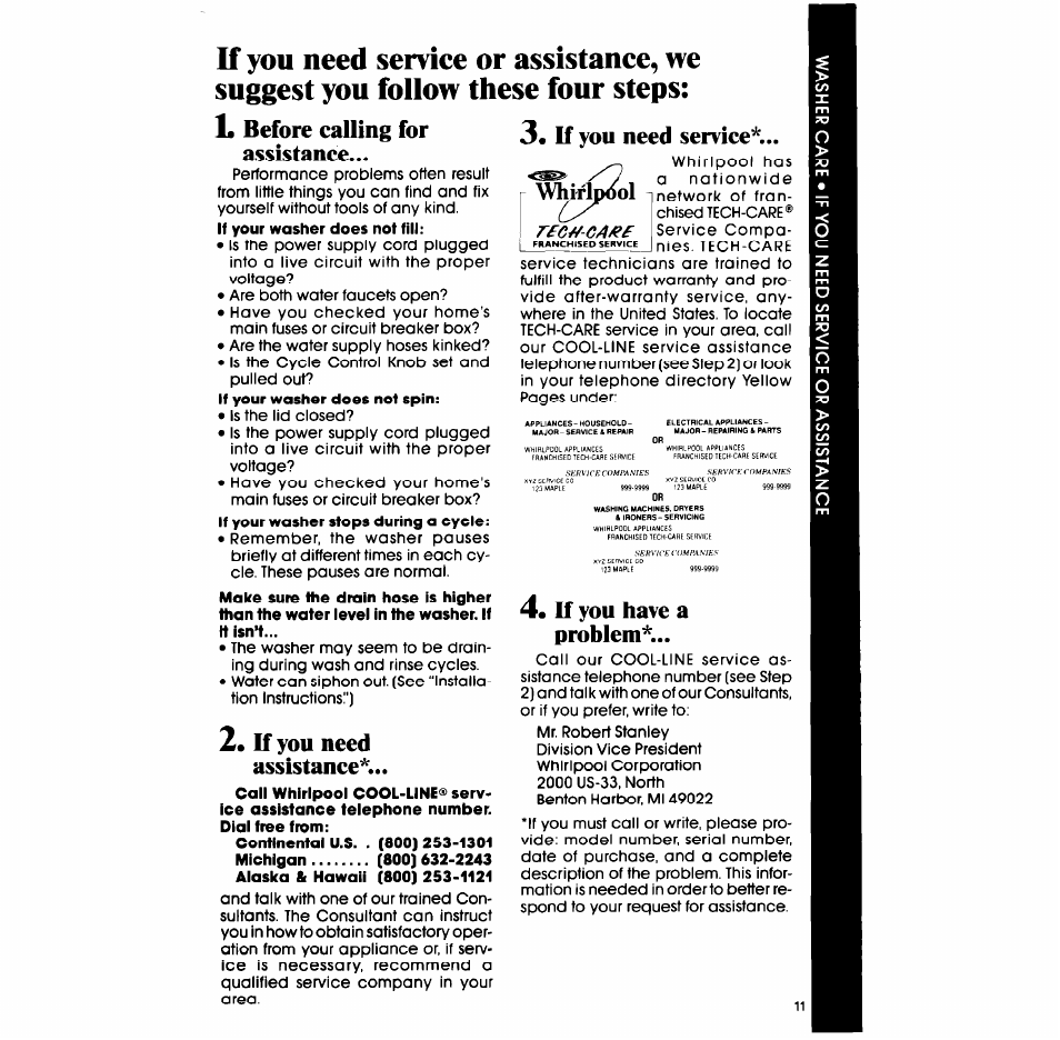 Before calling for assistance, If you need assistance, K you have a problem | Need service, If you | Whirlpool LA3300XP User Manual | Page 11 / 12