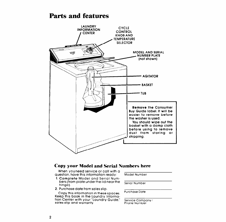 Parts and features, Copy your model and serial numbers here | Whirlpool LA3300XP User Manual | Page 2 / 12