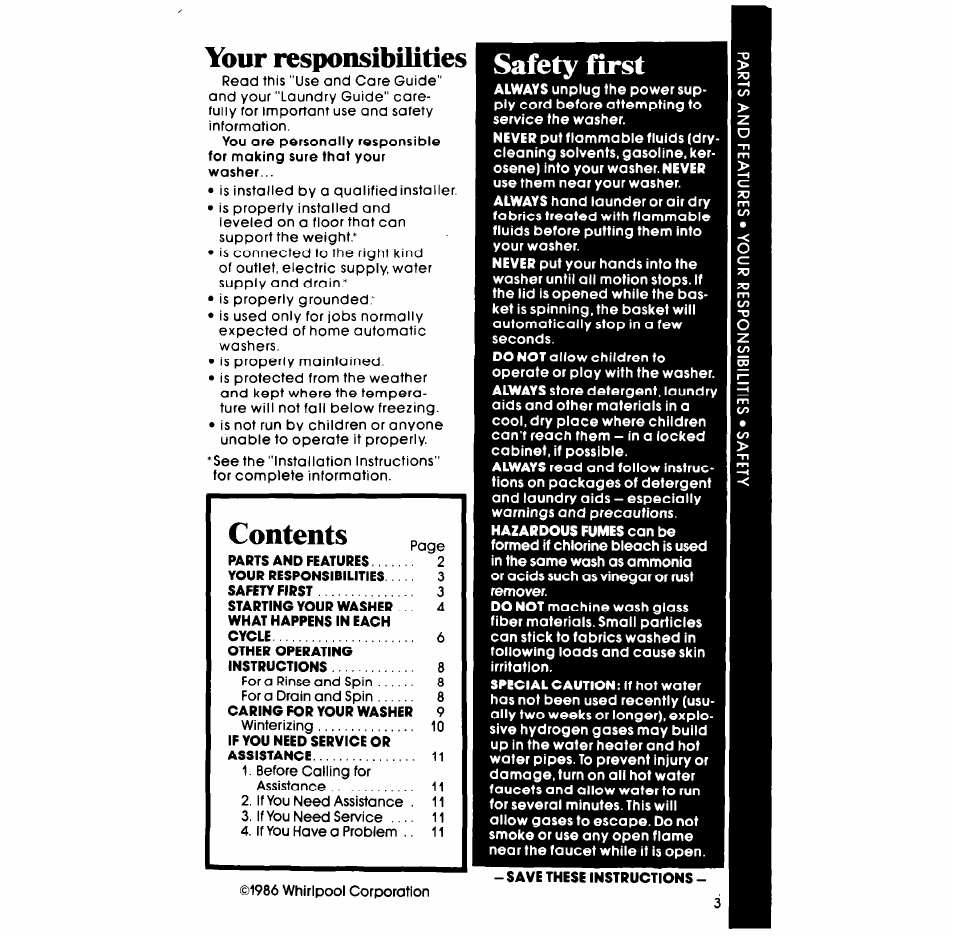 Safety first, Your responsibilities, Safety first contents | Whirlpool LA3300XP User Manual | Page 3 / 12