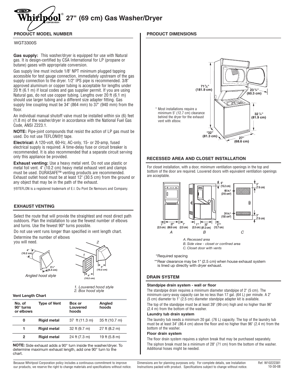 Whirlpool WGT3300S User Manual | 1 page