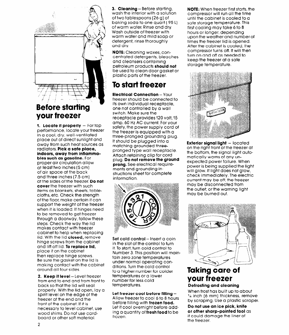 Before starting your freezer, To start freezer, Taking care of your freezer | Whirlpool EHH-090F User Manual | Page 2 / 6