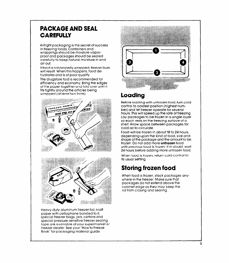 Package and seal carefully, Loading, Storing frozen food | Whirlpool EHH-090F User Manual | Page 4 / 6