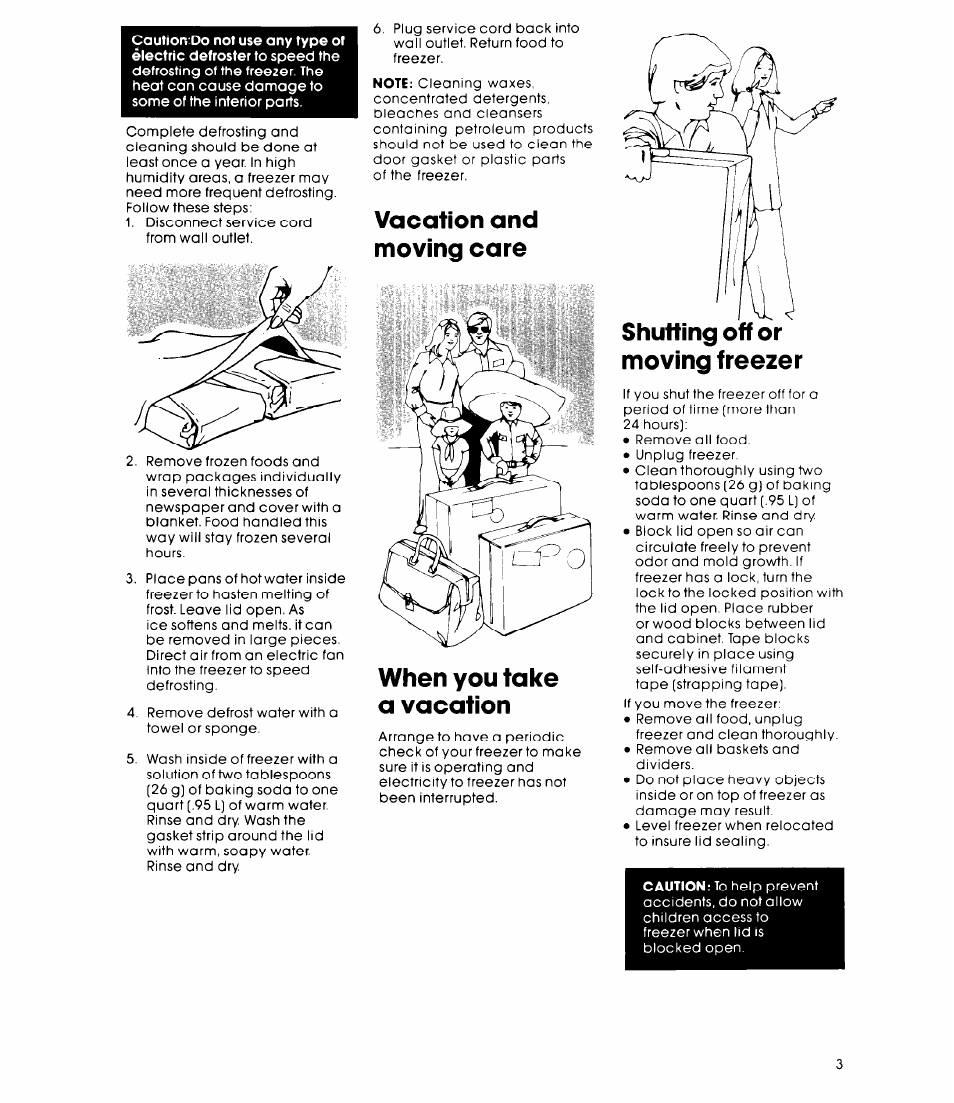 Vacation and moving care, When you take a vacation, Moving freezer | Vacation and moving care when you take a vacation | Whirlpool EHH-090F User Manual | Page 5 / 6