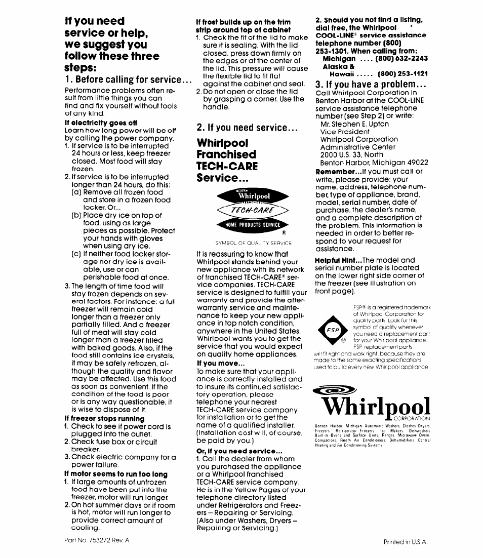 Whirlpool, Whirlpool franchised tech-care service | Whirlpool EHH-090F User Manual | Page 6 / 6