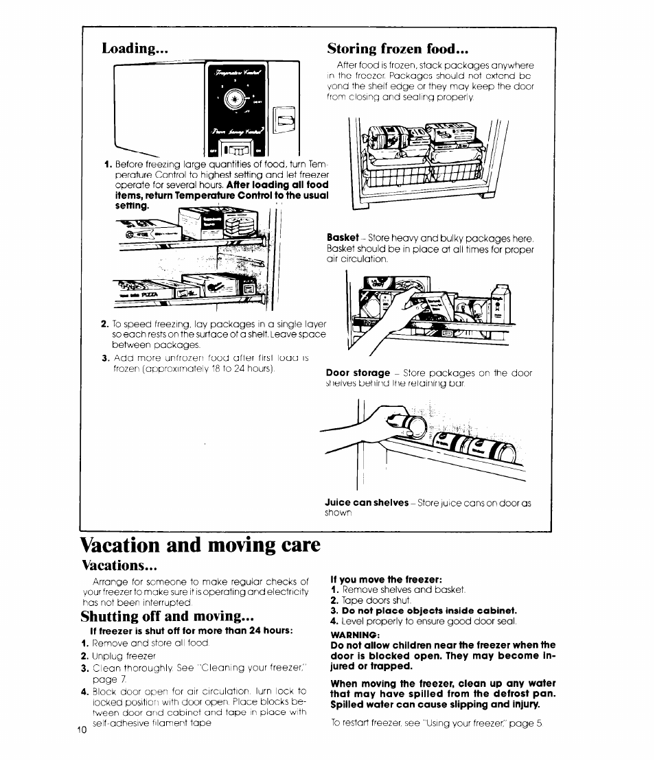 Loading, Storing frozen food, Vacation and moving care | Vacations, Shutting off and moving, Loading storing frozen food, Loading... storing frozen food | Whirlpool EV15HK User Manual | Page 10 / 12