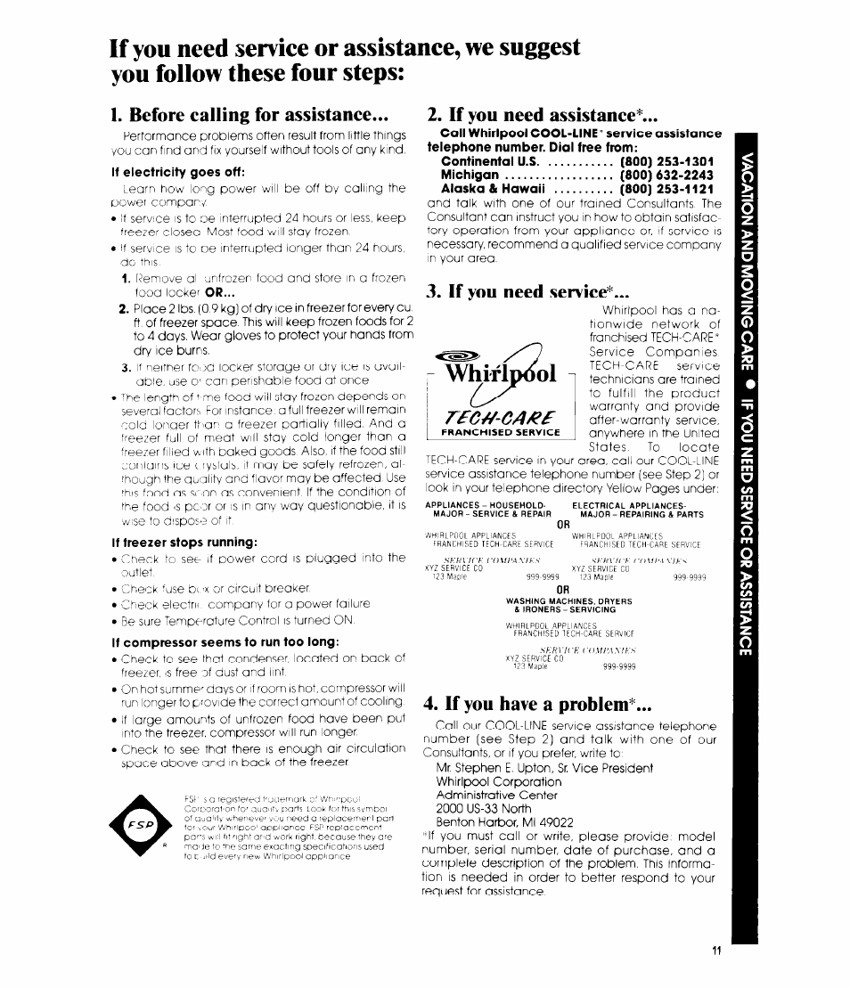 Before calling for assistance, If you need assistance, If you need service | Whirlpool, If you have a problem | Whirlpool EV15HK User Manual | Page 11 / 12