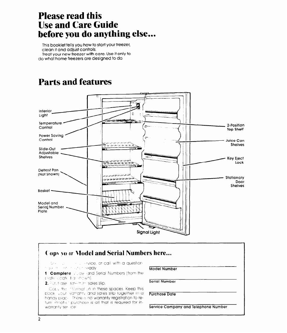 Parts and features, Op\ yo ir model and serial numbers here | Whirlpool EV15HK User Manual | Page 2 / 12