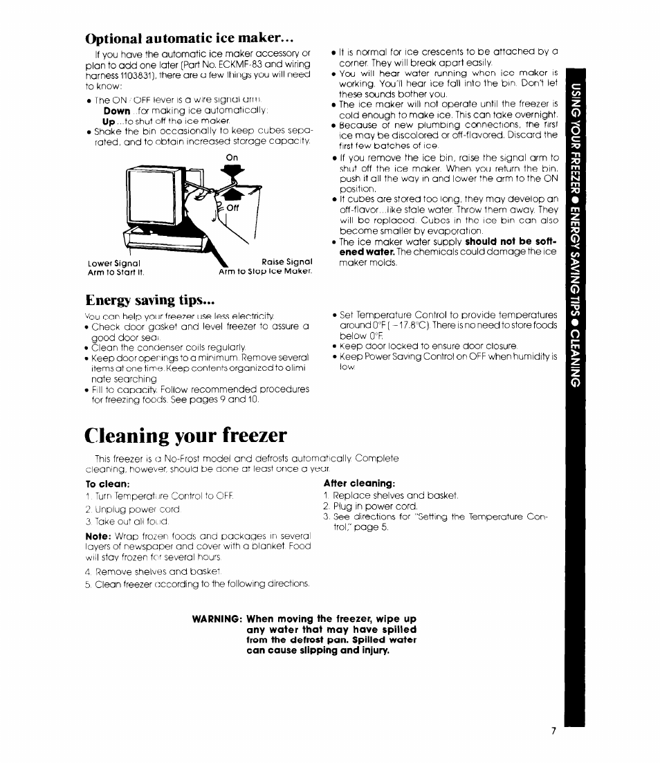 Optional automatic ice maker, Energy saving tips, Cleaning your freezer | Whirlpool EV15HK User Manual | Page 7 / 12