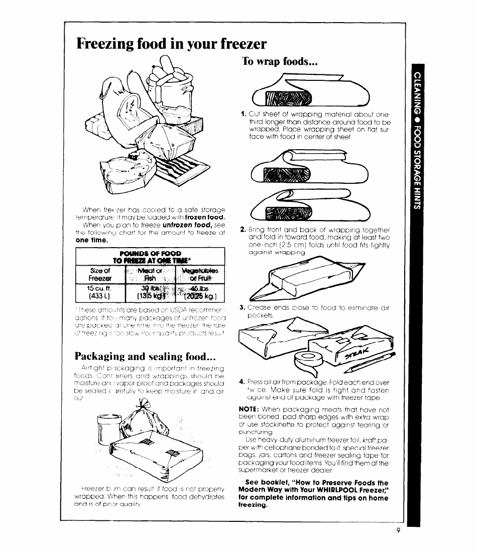 Freezing food in your freezer, To wrap foods, Packaging and sealing food | Packaging and sealing food to wrap foods | Whirlpool EV15HK User Manual | Page 9 / 12