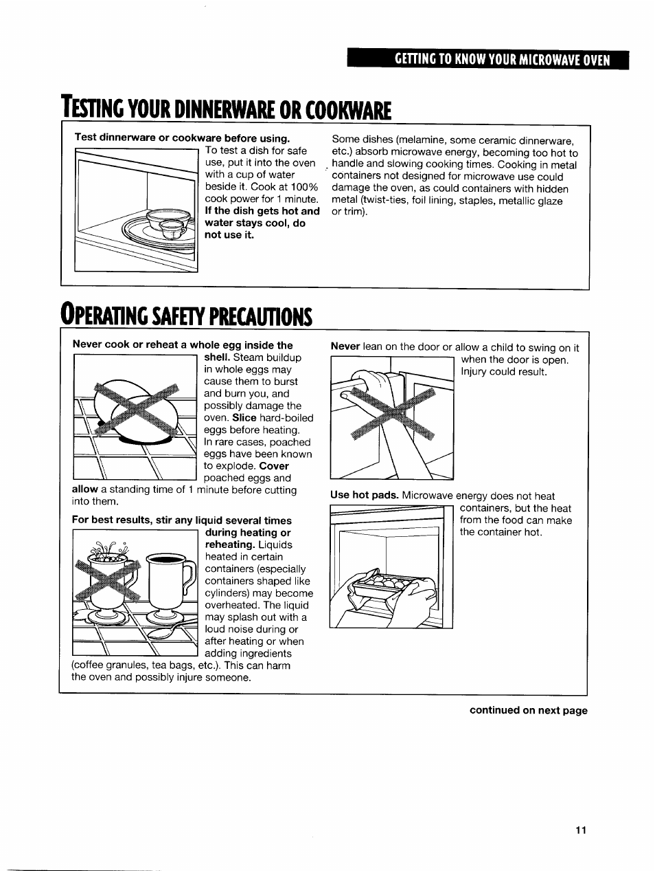 Tteonc your dinnerware or cookware, Test dinnerware or cookware before using, Operating safety precautions | Never cook or reheat a whole egg inside the, Perating, Safety, Precautions | Whirlpool GH7145XF User Manual | Page 11 / 47
