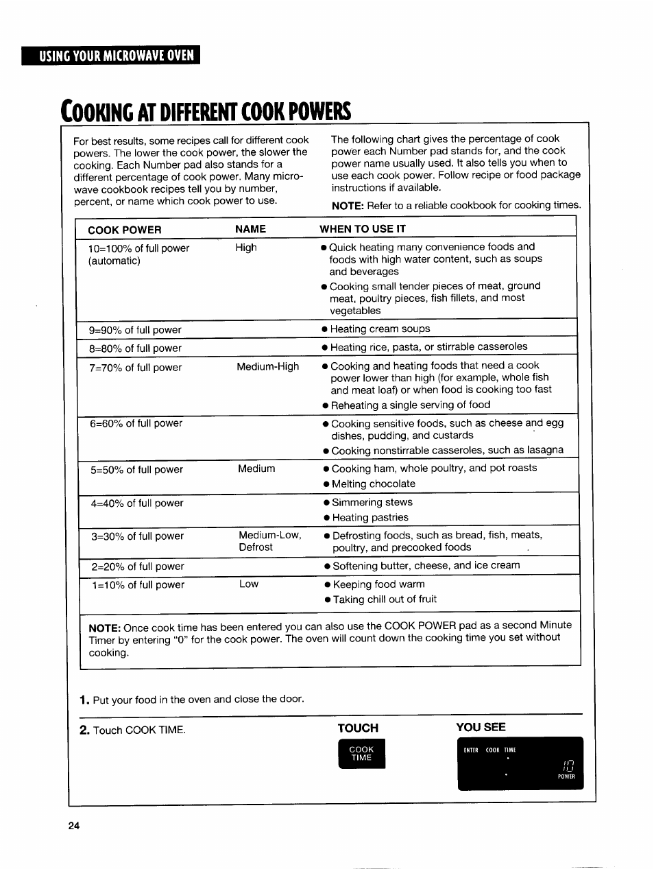 Cooking at different cook powers, Ooking, Different | Cook, Powers | Whirlpool GH7145XF User Manual | Page 24 / 47