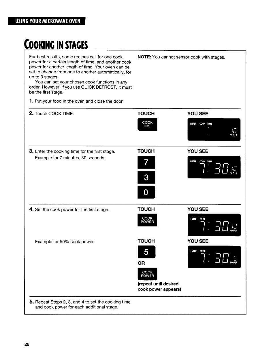 Cooking in stages, Repeat until desired cook power appears), Ooking | Whirlpool GH7145XF User Manual | Page 26 / 47