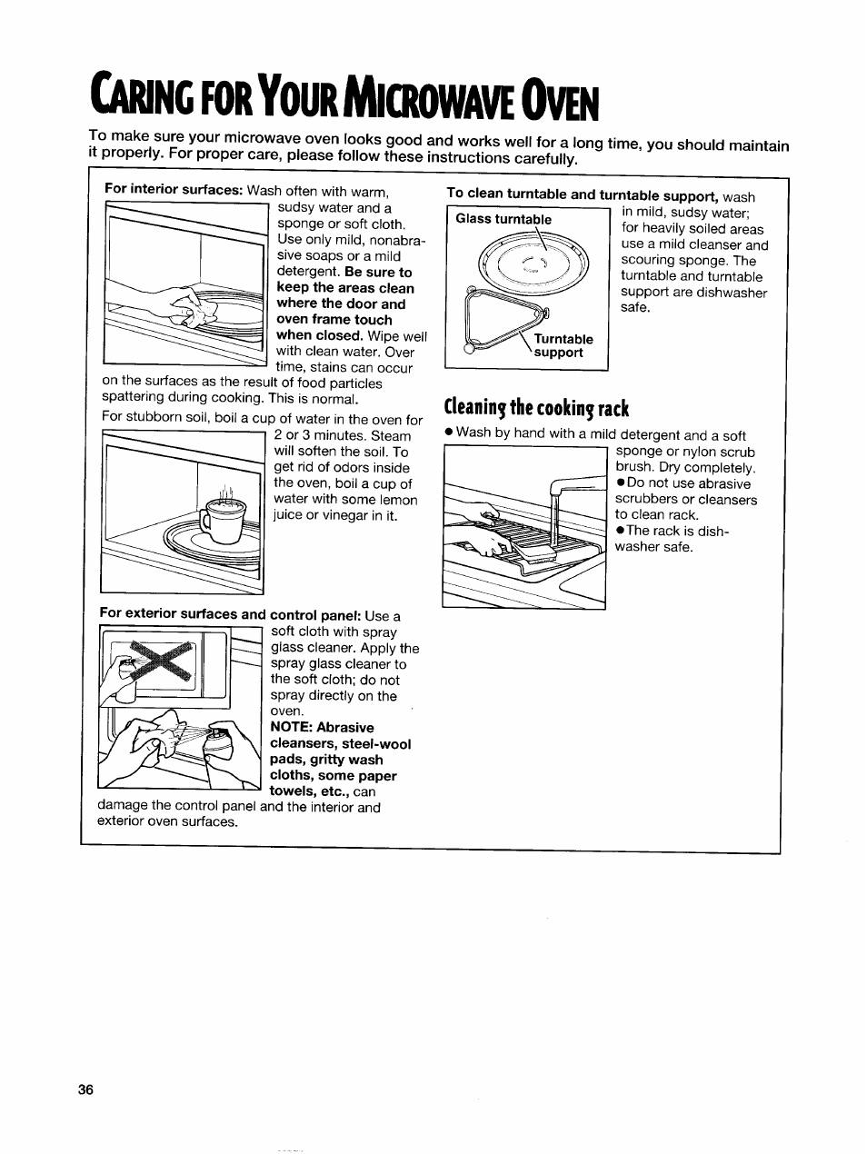 C/m nr yourmkiimimve, For exterior surfaces and control panel: use a, To clean turntable and turntable support, wash | Cleaning the cooking rack, C/m nr y, Kiimimve | Whirlpool GH7145XF User Manual | Page 36 / 47