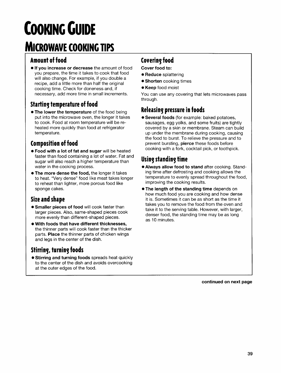 Coonnccude, Microwave cooking tire, Amount of food | Starting temperature of food, Composition of food, Size and shape, Stinin^, turning foods, Cooking tire, Icrowave | Whirlpool GH7145XF User Manual | Page 39 / 47