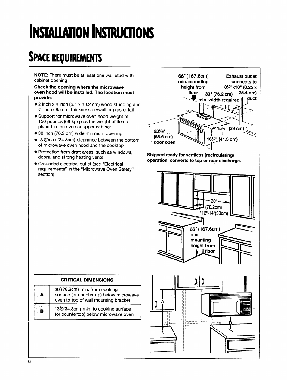 Insniuihm insmucnom, Spaq requirement, 66" (167.6cm) exhaust outlet | Requirement | Whirlpool GH7145XF User Manual | Page 6 / 47