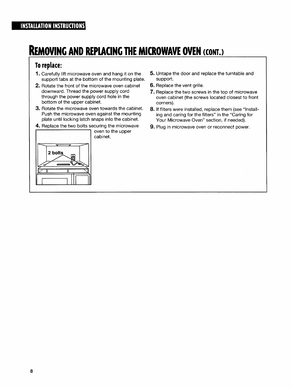 Removing and repiaancine microwave oven (cokt.), To replace, Repiaancine | Emoving, Microwave, Oven, Cokt | Whirlpool GH7145XF User Manual | Page 8 / 47