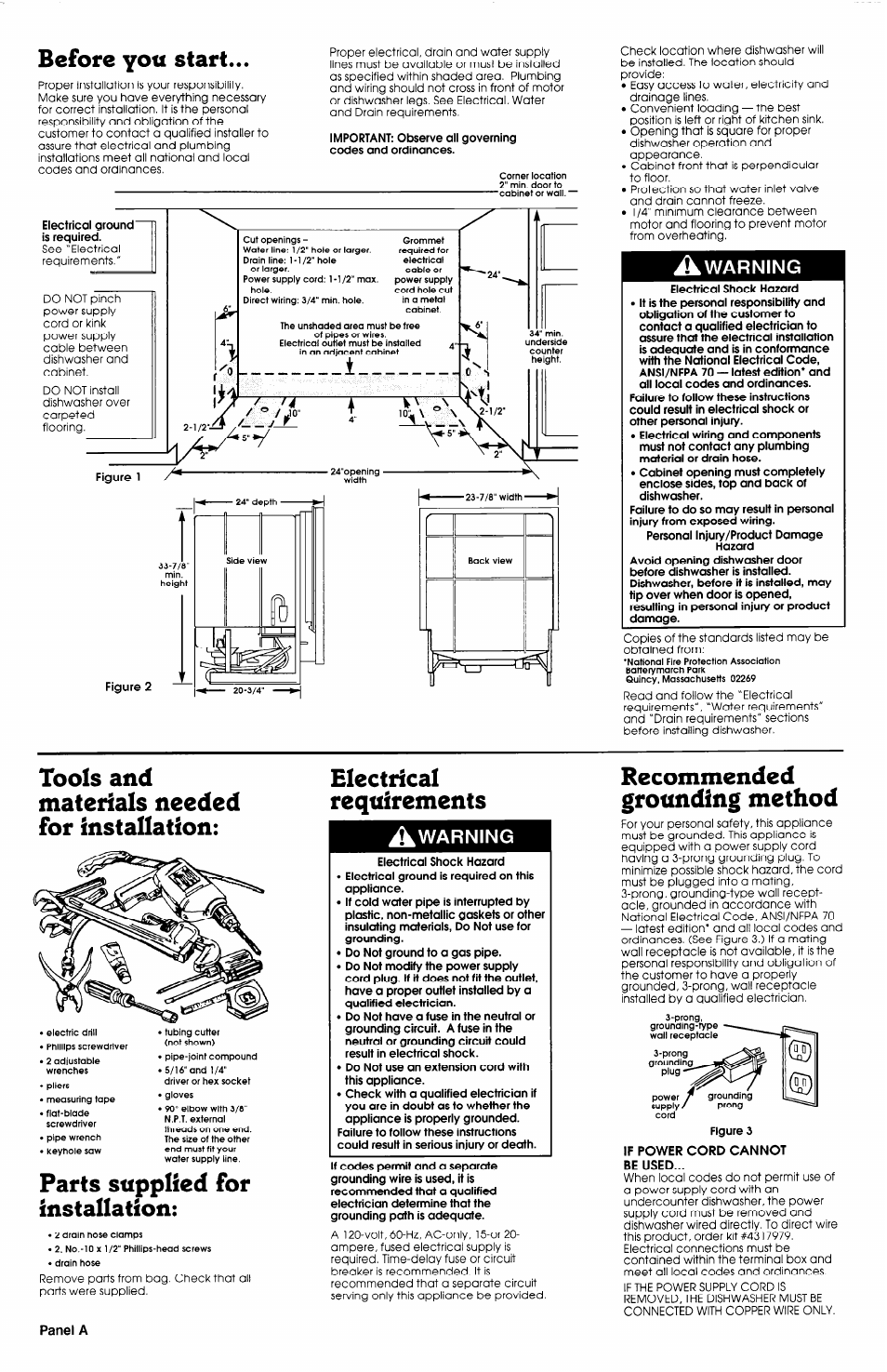 Before you start, Electrical ground' is required, Warning | Tools and materials needed for installation, Parts supplied for installation, Electrical, Requirements, Electrical shock hazard, Recommended grounding method, Electrical requirements | Whirlpool 3374369 User Manual | Page 2 / 7