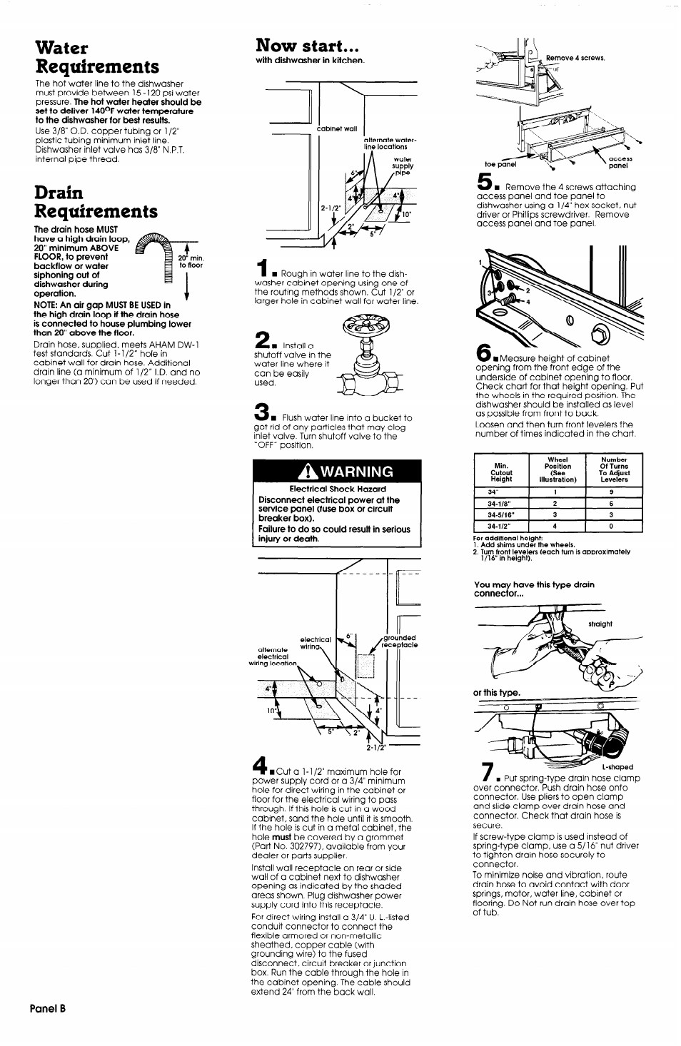 Water, Requirements, Drain | Now start, Warning, You may have this type drain connector, Water requirements, Drain requirements | Whirlpool 3374369 User Manual | Page 3 / 7