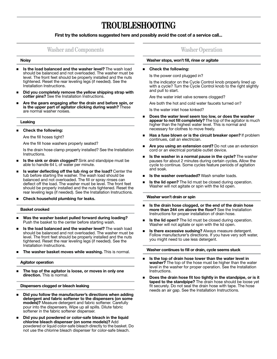 Troubleshooting, Washer and components, Washer operation | Whirlpool 8TLSQ8533LT1 User Manual | Page 5 / 12