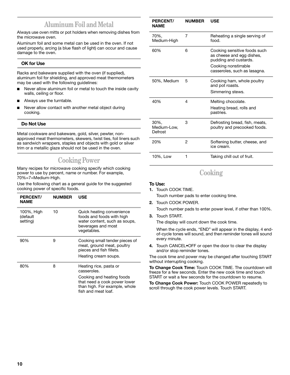 Aluminum foil and metal, Cooking power, Cooking | Whirlpool GH8155XM User Manual | Page 10 / 20