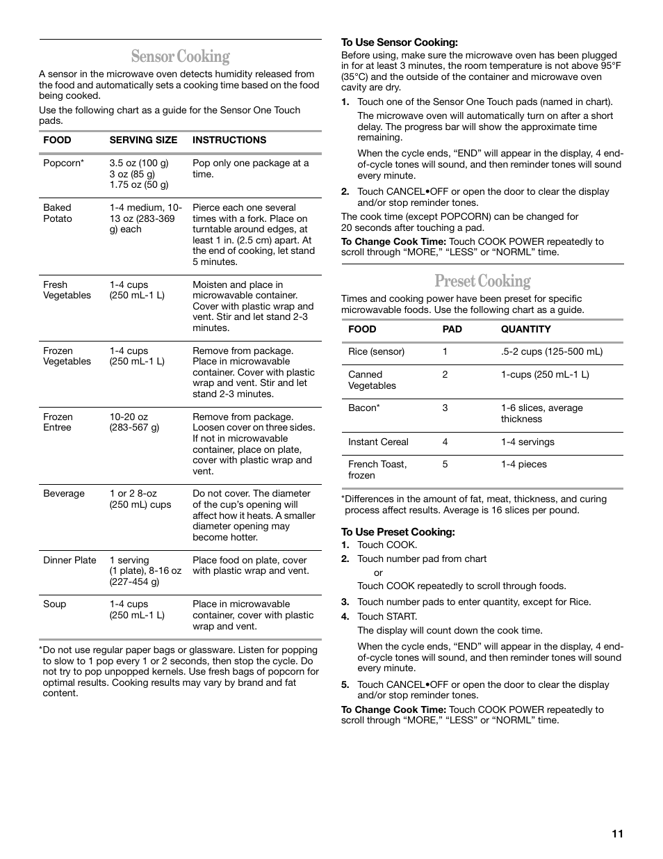 Sensor cooking, Preset cooking | Whirlpool GH8155XM User Manual | Page 11 / 20