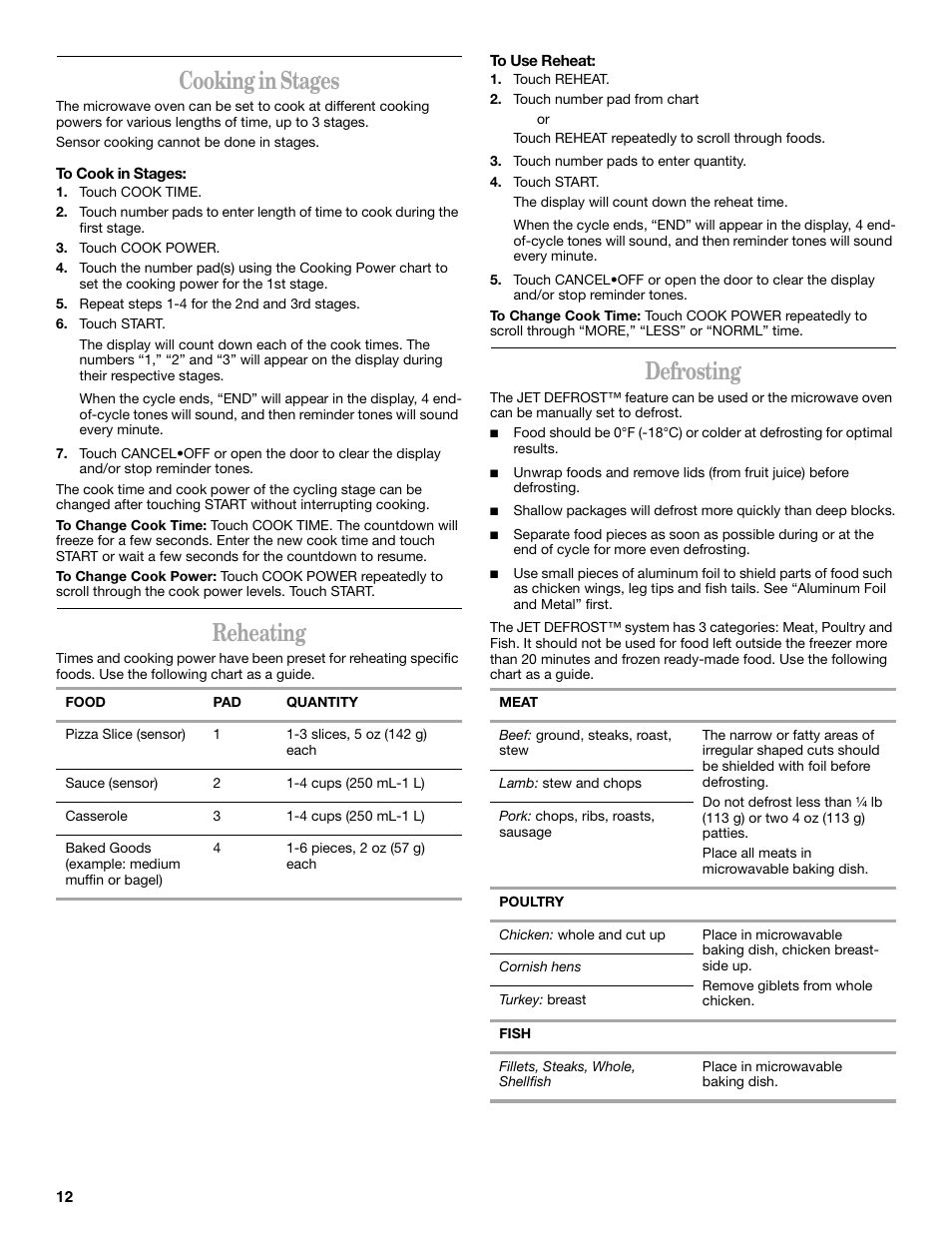 Cooking in stages, Reheating, Defrosting | Whirlpool GH8155XM User Manual | Page 12 / 20