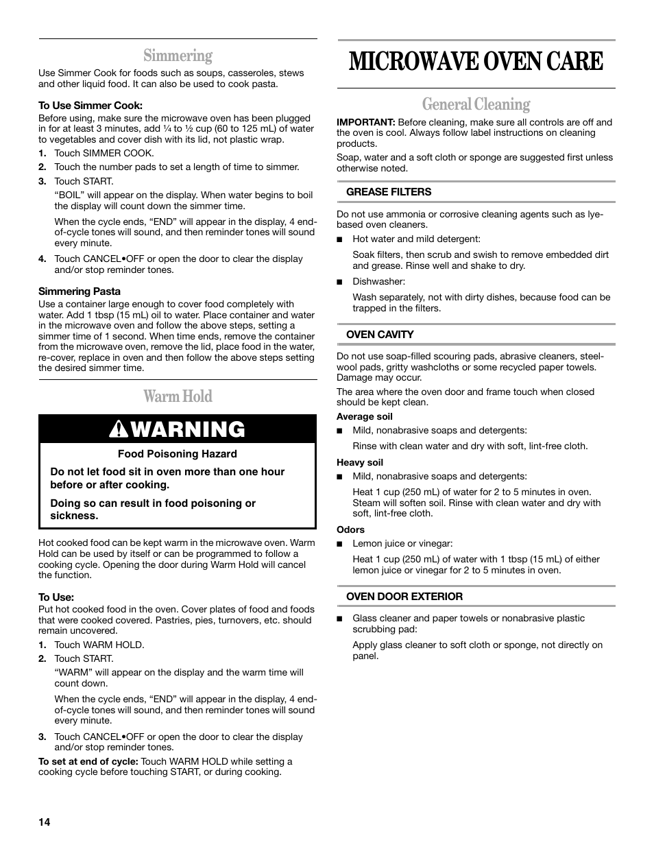 Microwave oven care, Warning, Simmering | Warm hold, General cleaning | Whirlpool GH8155XM User Manual | Page 14 / 20