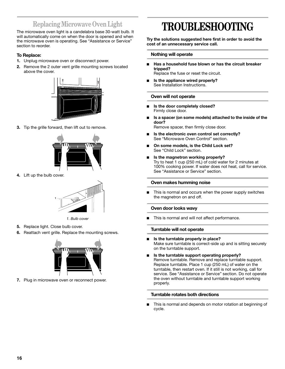 Troubleshooting, Replacing microwave oven light | Whirlpool GH8155XM User Manual | Page 16 / 20