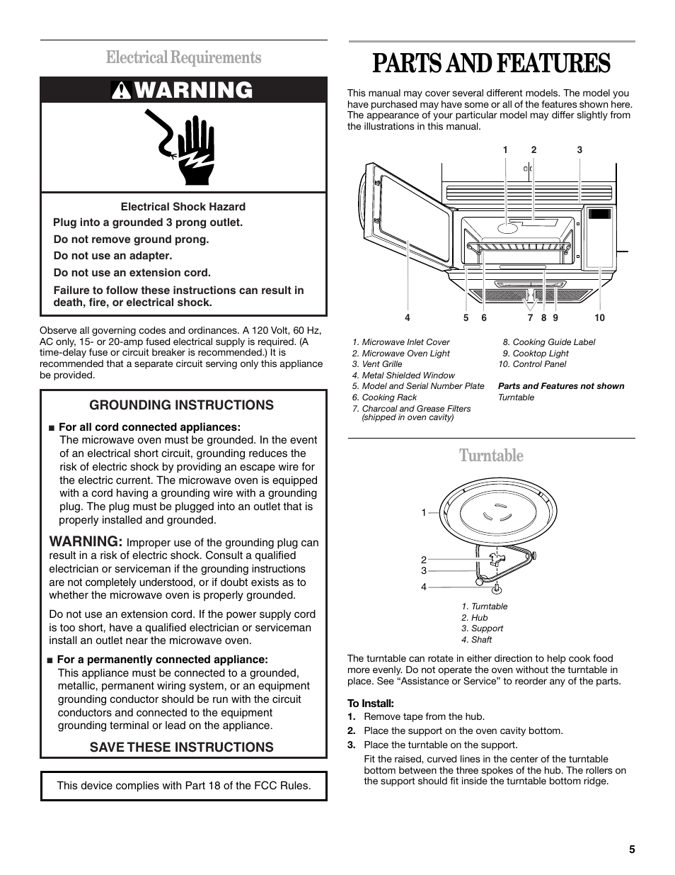 Parts and features, Warning, Electrical requirements | Turntable | Whirlpool GH8155XM User Manual | Page 5 / 20