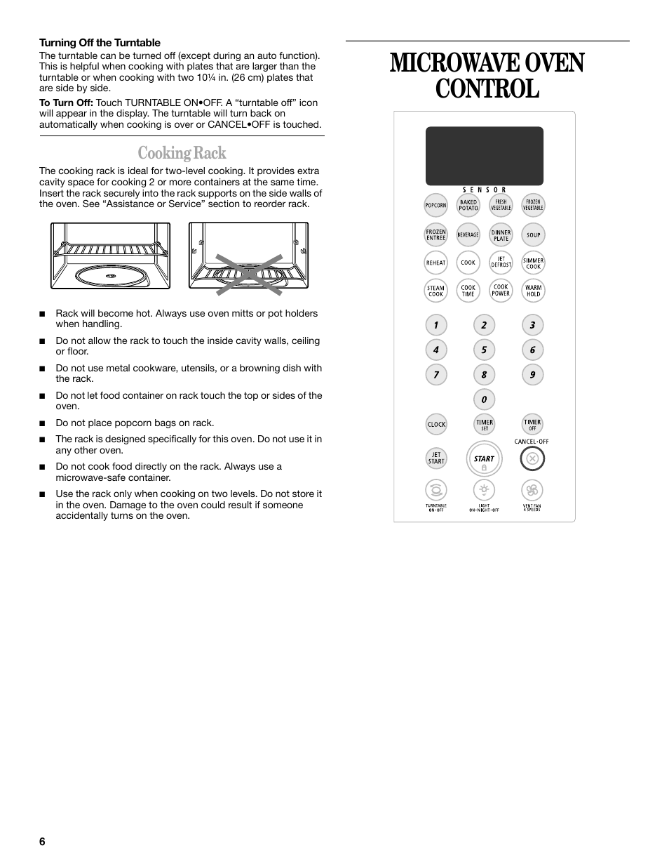 Microwave oven control, Cooking rack | Whirlpool GH8155XM User Manual | Page 6 / 20