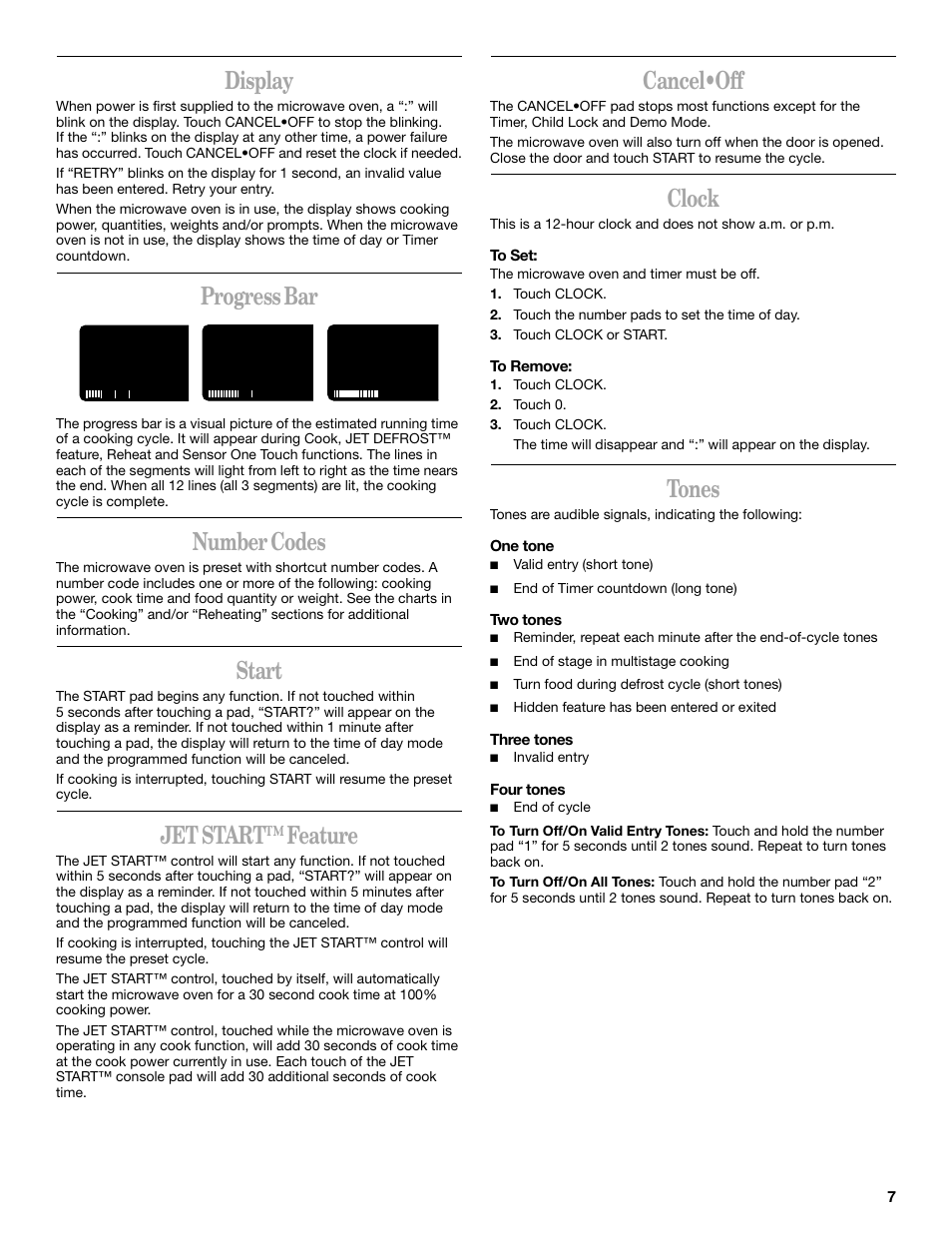 Display, Progress bar, Number codes | Start, Jet start™ feature, Cancel•off, Clock, Tones | Whirlpool GH8155XM User Manual | Page 7 / 20