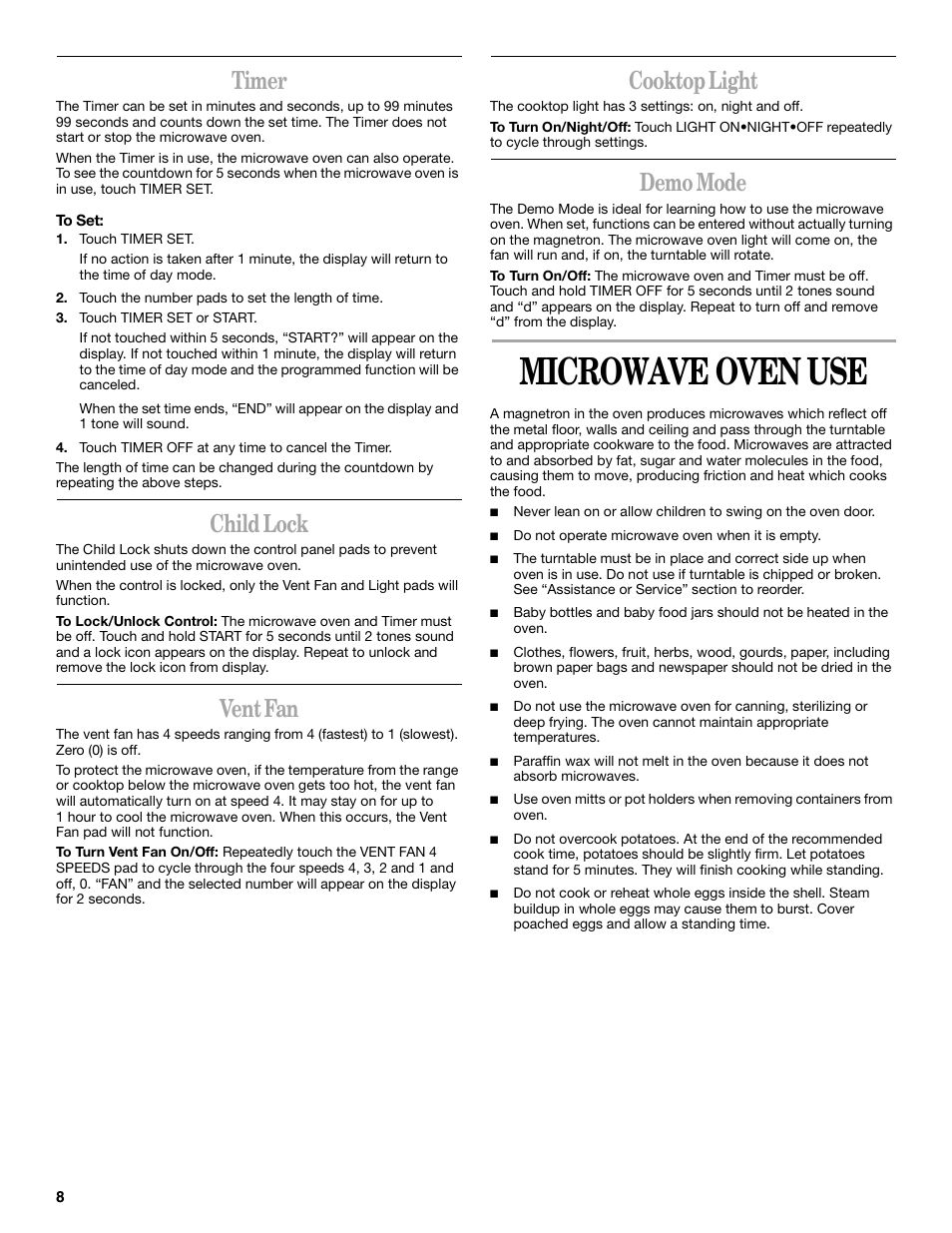 Microwave oven use, Timer, Child lock | Vent fan, Cooktop light, Demo mode | Whirlpool GH8155XM User Manual | Page 8 / 20